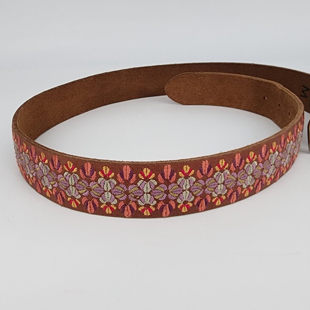 Lucky Brand Embroidered Leather Belt Purple Flowers on Brown Size M - Picture 7 of 8